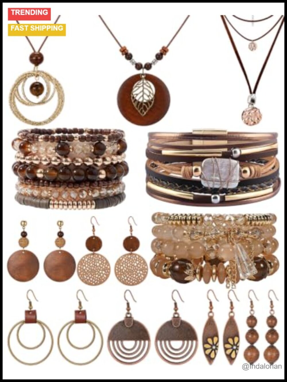 Boho Jewelry Set 12 Pc Pendant Necklaces Dangle Earrings Bracelets Wood Alloy